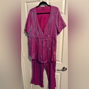 Women’s Pink Satin-Look Two-Piece Jumpsuit Set
